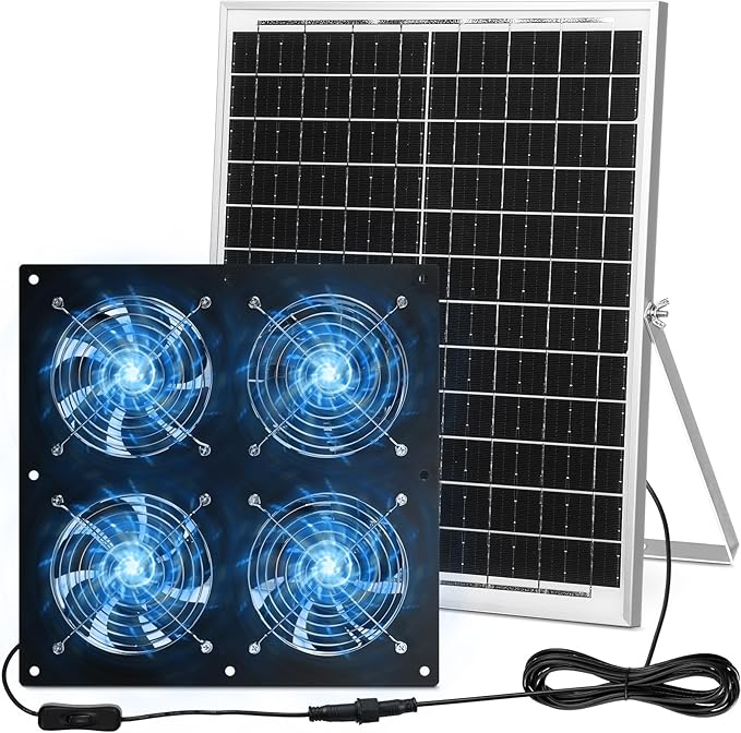 Solar Powered Fan 11.8 Greenhouse Exhaust Fan Solar 4 Fan Kit 25W Solar Panel Powered Exhaust Fan with Aluminum Bracket for Attic Shed Barn Dog House DIY Cooling Ventilation Project(1 Set)