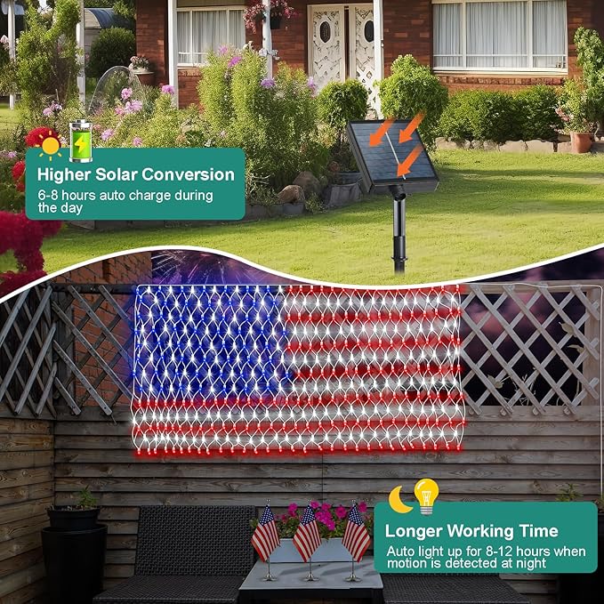 DBFAIRY Solar American Flag Lights Outdoor420 LEDs American Flag Net Lights 6.5ft x 3.28ft Super BrightMemorial Day Decorations of The United States for Independence/National/Memorial DayJuly 4th