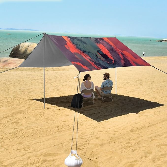 Sunset Wolf Beach Tent Sun Shelter Set UPF50+ UV Protection 10.5 x 9.19 FT Camping Shade Canopy with Sandbags Sand Anchors Carrying Bag and Others