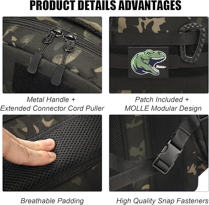 Kids Tactical Backpack Army Molle Bookbag Military Boys Backpack for School Outdoor Camping (Includes 2 Patches+1Carabiner) Black CM
