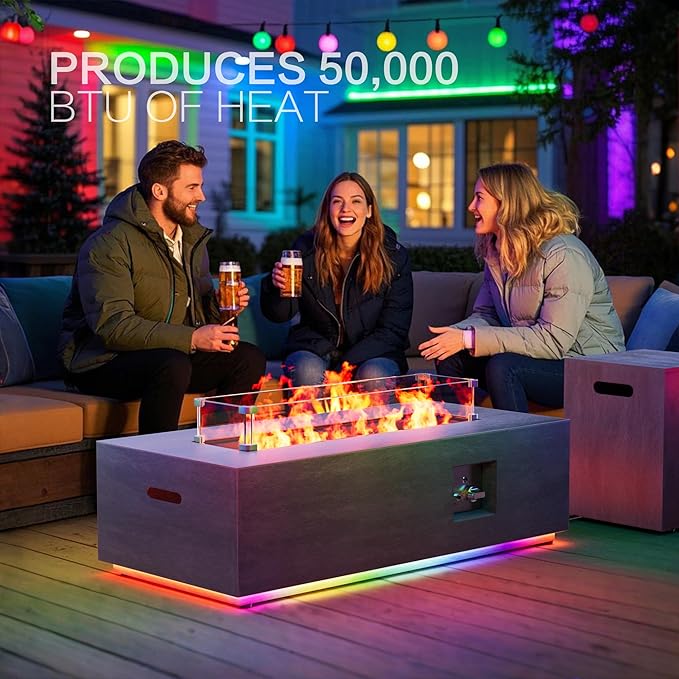 42 Outdoor Fire Pit Table 50000 BTU Gas Fire Pit with Glass Wind Guard Fire Stones Waterproof Cover Propane Fire Pit Table for Outside Patio (RGB Light Brown)