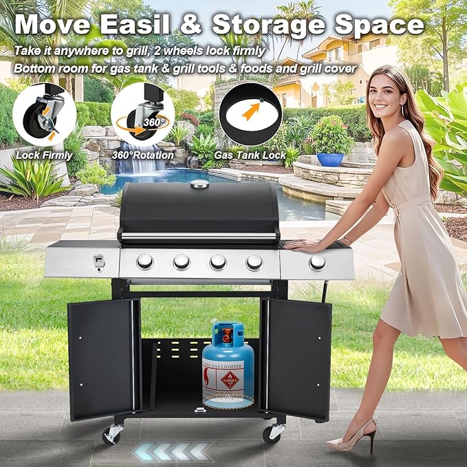 MELLCOM Upgraded 44000 BTU Stainless Steel Burner Barbecue Grill 4 Burner BBQ Propane Gas Grill with Side Stove &amp Cast Iron Grates for Patio Camping Outdoor Cooking