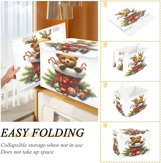 Christmas Baskets Collapsible Storage Bins with Lids Christmas Bear Storage Boxes Clothes Baskets for Organizing