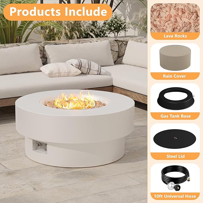32.5 inch Outdoor Propane Fire Pit Table 50000 BTU Round Patio Fire Pit Table with Lid Waterproof Cover 10ft Gas Hose &amp Gas Tank Base Lava Rocks CSA Certified White