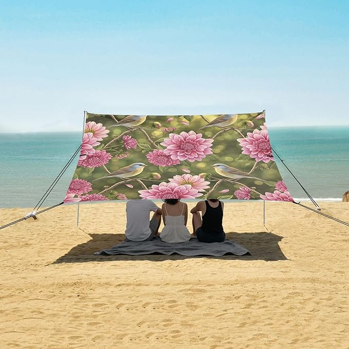 Birds Beach Canopy Sun Shelter with Sandbags &amp Sand Shovel &amp Windproof Ropes - Portable 110x126 Beach Shade Beach Tent for Camping Picnics