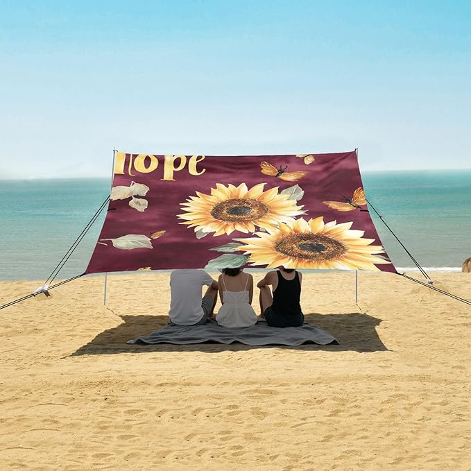 Tropical Sunflower Burgundy Foldable Beach Cabana UPF50 Waterproof Portable Sun Shelter with Sand Pockets for Backyard and Camping