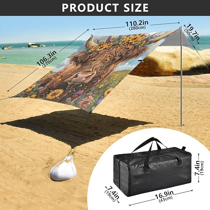 ALAZA Wreath Wearing Highland Cow Beach Tent Sun Shelter Portable Canopy Sunshade for Outdoor Camping Picnics Backyard Fun 10x9 ft