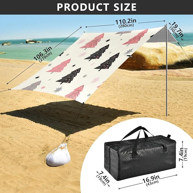Beach Canopy with Windproof Ropes &amp Sandbags Beach Tent Sun Shade Sun Shelter for Camping Trips Fishing Backyard Fun or Picnics Pine Tree