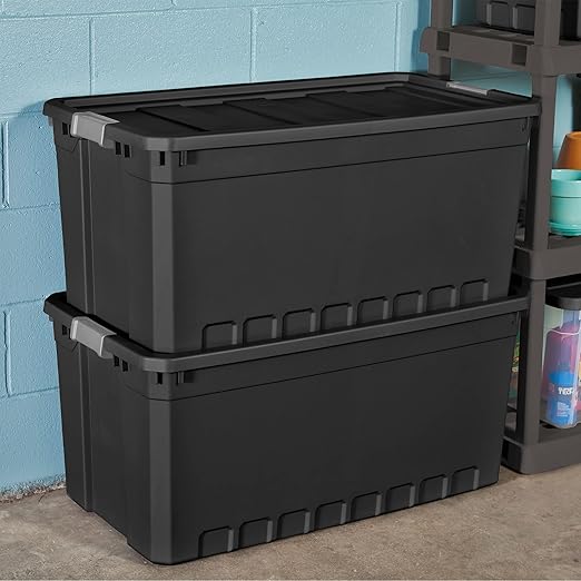 Sterilite 50-Gallon Large Stackable Rugged Industrial Storage Tote Container with Gray Latching Clip Lid for Garage Attic Worksite or Camping
