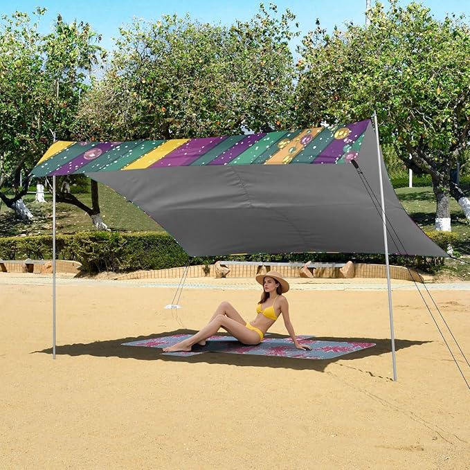 Mardi Gras Carnival Tie Beads Tie Beach Tent UPF50+ Protection Easy Setup Portable Sun Shelter with Sand Shovel for Camping Picnics Backyard &amp Fishing