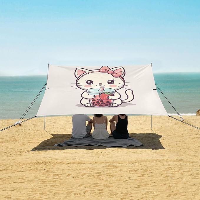 Bow Cat Drinking Milk Tea Beach Tent Sun Shelter Set UPF50+ UV Protection 10.5 x 9.19 FT Camping Shade Canopy with Sandbags Sand Anchors Carrying Bag and Others