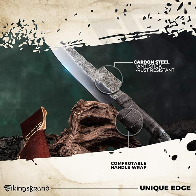Odin's Raven Norse Viking-styled Knife 10.3 - Hand Forged 6.5 Carbon Steel Blade Raven's Head Hilt and Leather Sheath - Unique Medieval Seax Style - Norse Knife for Hunting &amp Camping