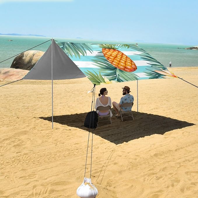 ALAZA Pineapples Palm Leaves Flowers on A Striped Beach Tent Sun Shelter Portable Canopy Sunshade for Outdoor Camping Picnics Backyard Fun 10x9 ft