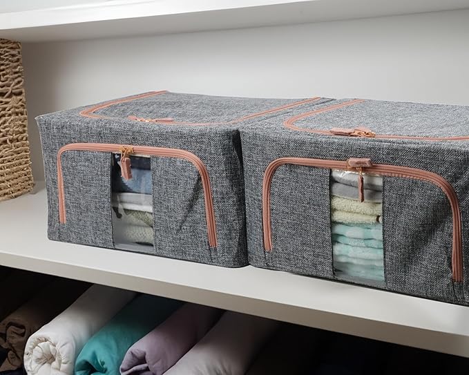 Linen Clothes Storage Bins 4PCS Sturdy Closet Organizers and Storage Bin with Metal Frame 2 Opening Ways Fabric Visible Lidded Storage Box for Organizing ClothingJeansSheets (4PC Gray 22Liters)