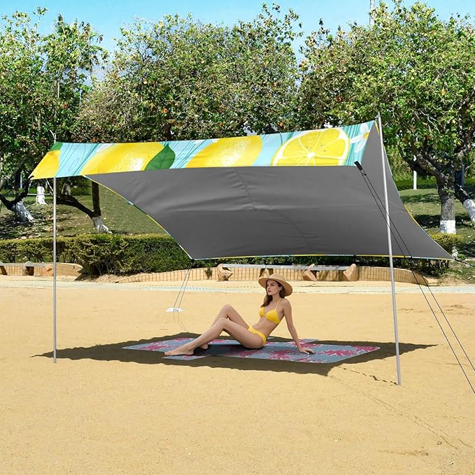 Beach Canopy with Windproof Ropes &amp Sandbags Beach Tent Sun Shade Sun Shelter for Camping Trips Fishing Backyard Fun or Picnics Lemon