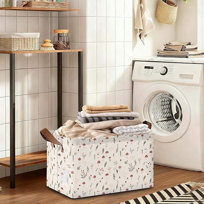 Storage Bin with Handles Little Mushroom Flower Collapsible Laundry Baskets for Books Laundry - Use in Nursery Closet Organizers and Storage Blanket Basket