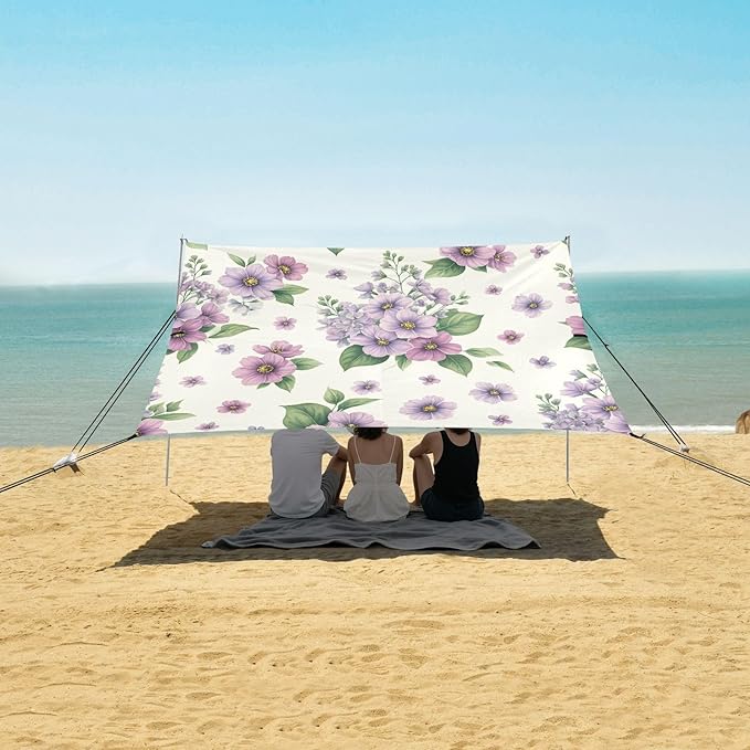 Elegant Violet Flowers Beach Tent Sun Shelter Set UPF50+ UV Protection 10.5 x 9.19 FT Camping Shade Canopy with Sandbags Sand Anchors Carrying Bag and Others