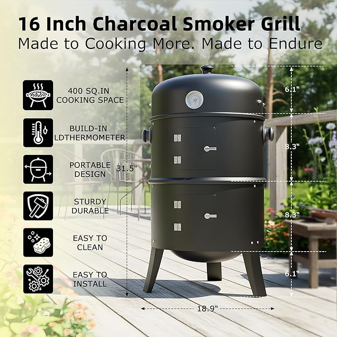 16 Inch Charcoal Smoker 3-in-1 Meat Smoker Grill with Thermometer &amp Dual Cooking Racks Portable Outdoor BBQ Smoker with 2 Access Doors Easy to Clean for Backyard Camping &amp Parties