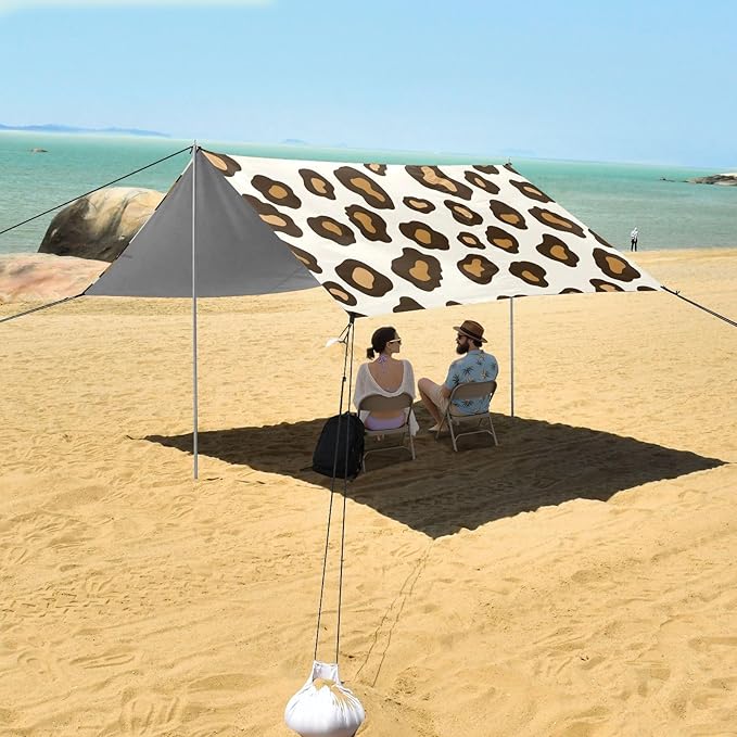 ALAZA Leopard White &amp Brown Cheetah Print Beach Tent Sun Shelter UPF50+ Protection Beach Shade Canopy w/ 4 Sandbags for Outdoor Camping Fishing Backyard Fun Picnic 10x9 ft