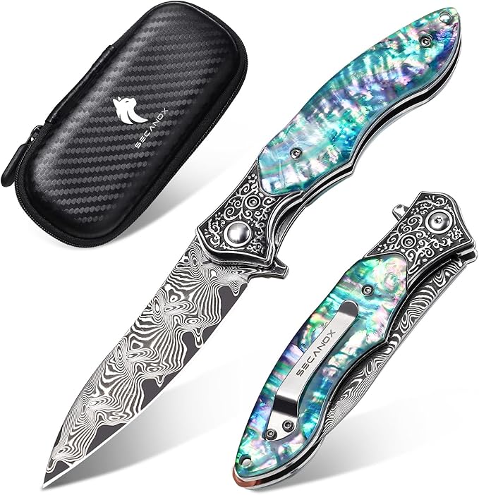 Damascus Pocket Knife for Women 3.54 Sharp Damascus Steel Blade and Abalone Shell Handle EDC Folding Knives for Camping Hiking
