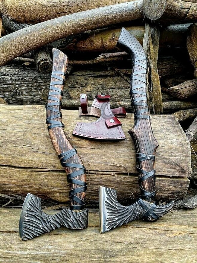 [Viking Tools]-Handmade Pair of High Carbon Steel Black Viking AxesViking Bearded Axe - HuntingBattle Camping &amp Survival High Carbon Steel Axe with Leather Sheath Rose Wood Handle