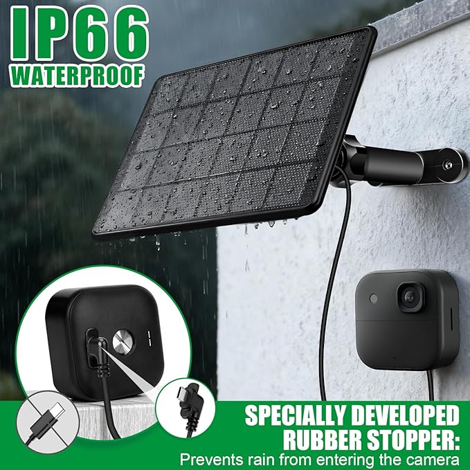 6W Solar Panel for Blink Camera Solar Charger with Battery Compatible with Blink Outdoor 4(4th Gen)/(3rd Gen) XT3/XT2/XT Camera with USB-C to Micro USB Port Adapter 9.8ft Cable IP66 Waterproof