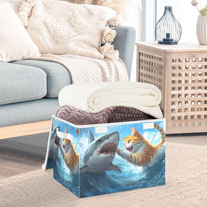 Storage Cube with Lid Cat and Fish Print 16.5×12.6×11.8 IN Collapsible Large Capacity Foldable Storage Basket Bin Organizer