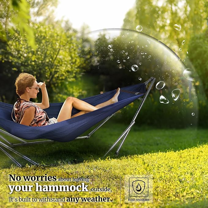 Tranquillo Adjustable Hammock Stand Collapsible Camping Hammock 650 lbs Capacity Deluxe Double Hammock Stand for 2 Persons Portable Everywhere Easy Assembly Non-Slip and Noise-Free Aegean