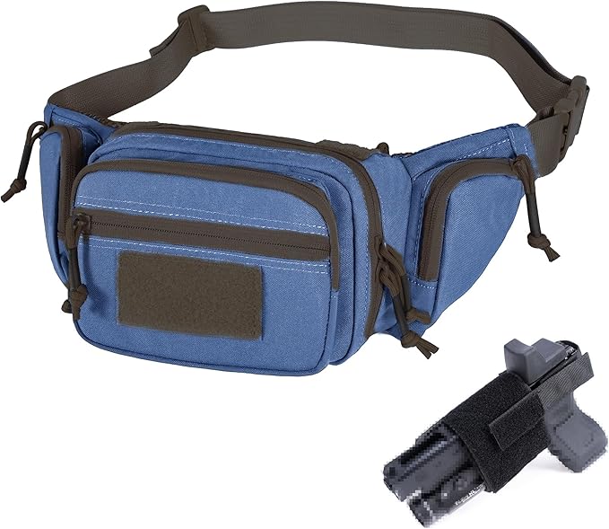 CCW Tactical Fanny Pack for Concealed Carry 500D Nylon Low Profile EDC Waist Bag with Pistol Holster &amp YKK Zippers Everyday Carry Hip Pack (Blue)