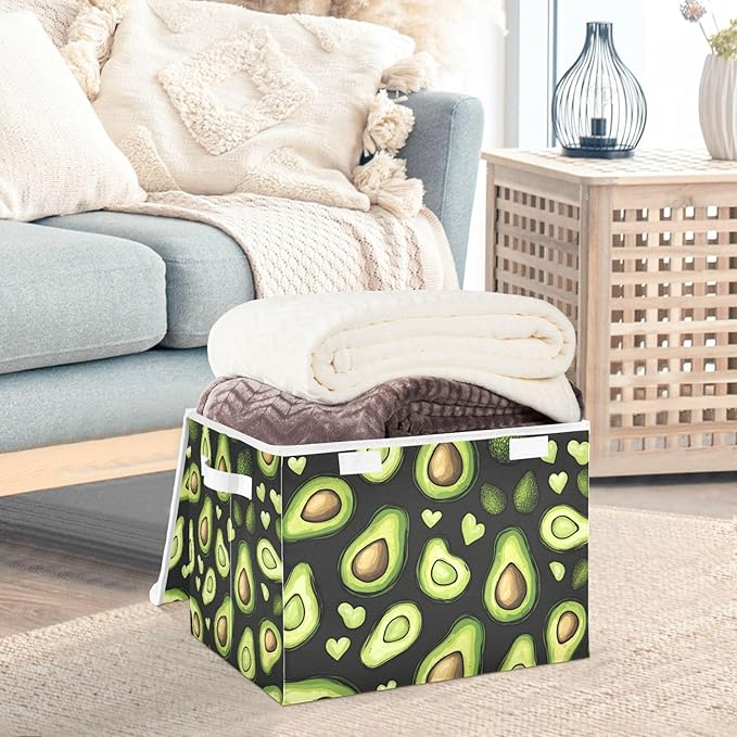 Collapsible Storage Bins with Lids Decorative Fabric Storage Cubes Closet Organizer and Storage Basket Boxes Containers for Clothes Box Chest Nursery Folding Rectangle Black Avocados Love