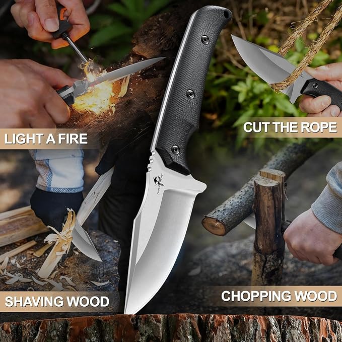 Purple Dragon Fixed Blade Knife - Full Tang Hunting Knife Forged from a Single Piece of D2 Steel - Camping Knives with G10 Handle and Kydex Sheath - Outdoor Gift for Men - Black