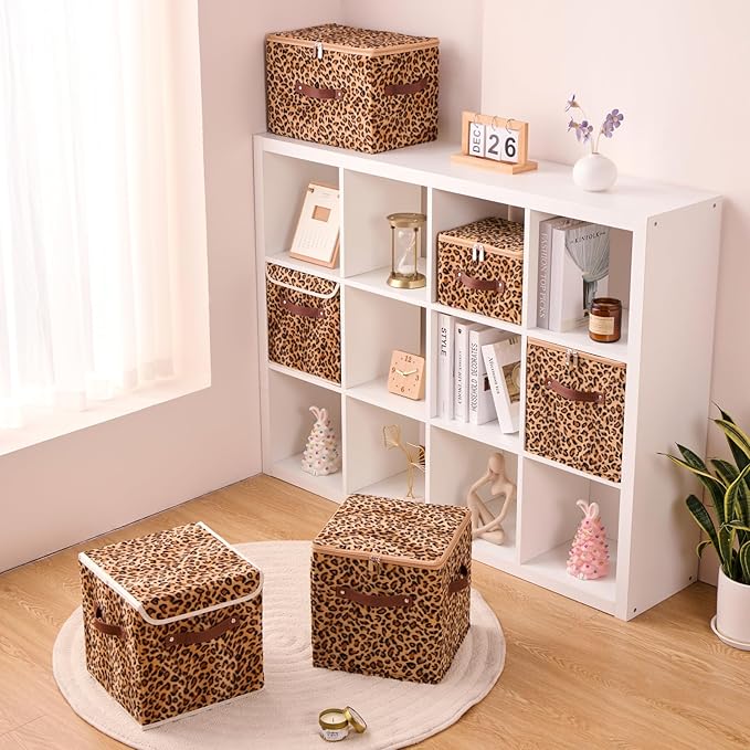 2PCS Storage Cubes with Flip-top Lid 11 Inch Leopard Print Velvet Fabric Cute Decorative Storage Bins Boxes PU Leather Handles Closet Organizer Container Foldable Washable Shelf Basket