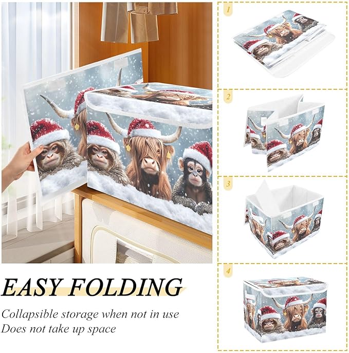 Storage Cube with Lid Christmas Cow Monkey Print 16.5×12.6×11.8 IN Collapsible Large Capacity Foldable Storage Basket Bin Organizer