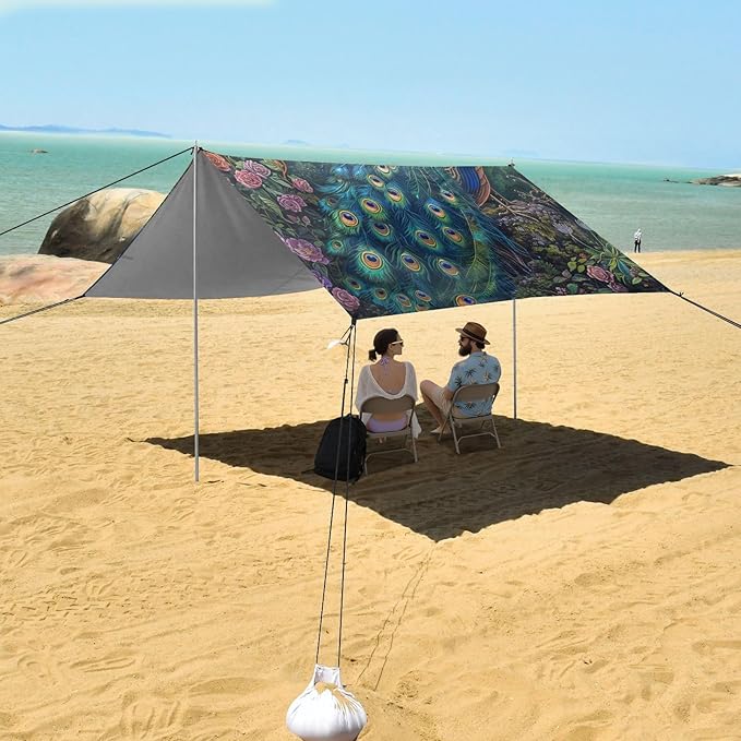 ALAZA Peacock Moon Flower Beach Tent Sun Shelter Portable Canopy Sunshade for Outdoor Camping Picnics Backyard Fun 10x9 ft