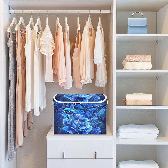MNSRUU Containers Baskets with Lids Blue Rose Butterfly Fabric Foldable Storage Bins Organizer with Lid Collapsible Storage Boxes for Home Bedroom Closet Office