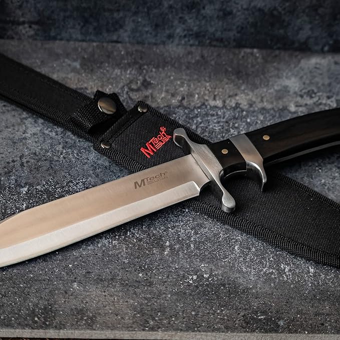 MTech USA – Fixed Blade Knife – Satin Finish Stainless Steel Blade Black Wood Handle with Stainless Steel Bolster Includes Nylon Sheath - Hunting Camping Survival Tactical – MT-20-04