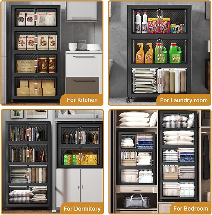 UAMFURI Extra Large Stackable Storage Bins with Lids &amp Wheels Foldable Collapsible Closet Organizers Dark Storage Cabinet with Doors for Bedroom Dorm