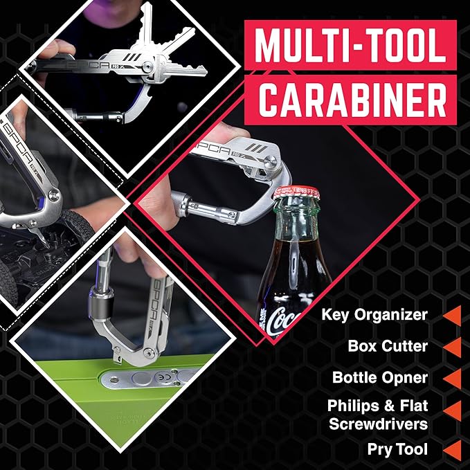 GPCA Carabiner Multitool - Carabiner Heavy Duty Key Clip for Keys Bottle Opener Screwdriver Box Cutter Ruler Keychain Clip Keychain Organizer EDC Gear for Camping &amp Hiking - Gifts for Men