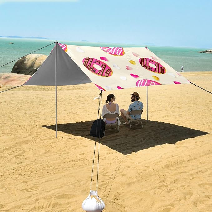 Beach Canopy with Windproof Ropes &amp Sandbags Beach Tent Sun Shade Sun Shelter for Camping Trips Fishing Backyard Fun or Picnics Donut