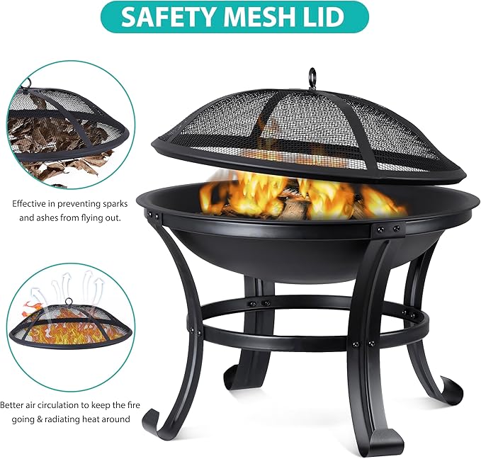 22Inches Fire Pit Outdoor Steel Wood Burning BBQ Grill Firepit Bowl Fireplace with Mesh Screen &amp Fire Poker Log Grate