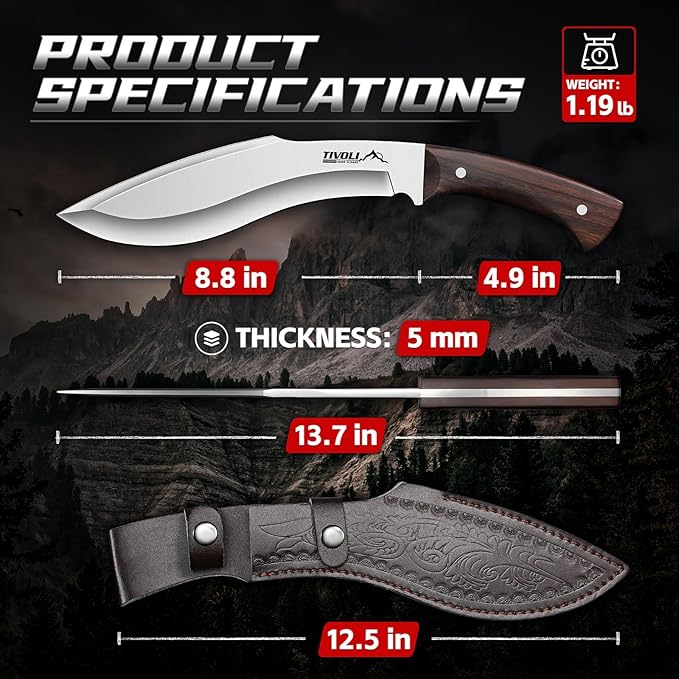 TIVOLI Kukri Fixed Blade Knife - Full Tang Survival Knife with Sheath Heavy-Duty Hunting Knives for Camping Bushcraft Gardening &amp Outdoor Adventures – Great Christmas Gift for Men and Women