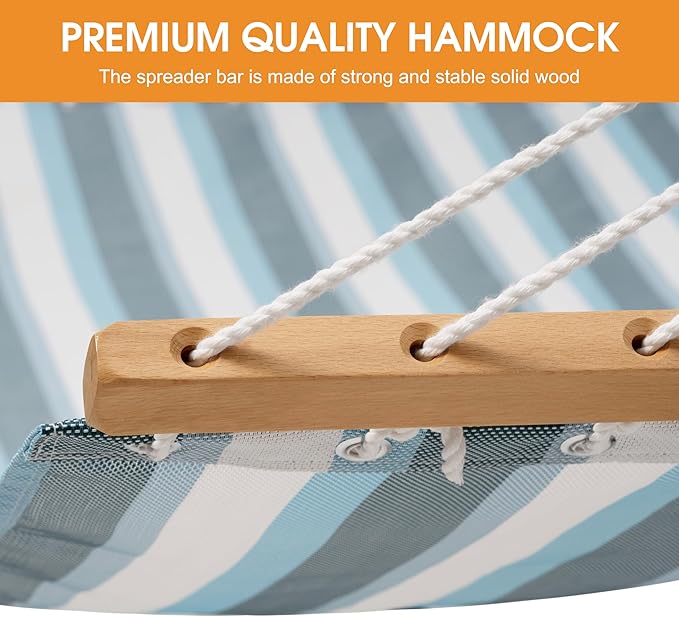 Lazy Daze Hammocks Quick Dry Hammock with Spreader Bar Textliene Fabric Double 2 Person Hammock with Chains Outdoor Patio Poolside Backyard Beach 450 lbs Capacity Blue White Stripes