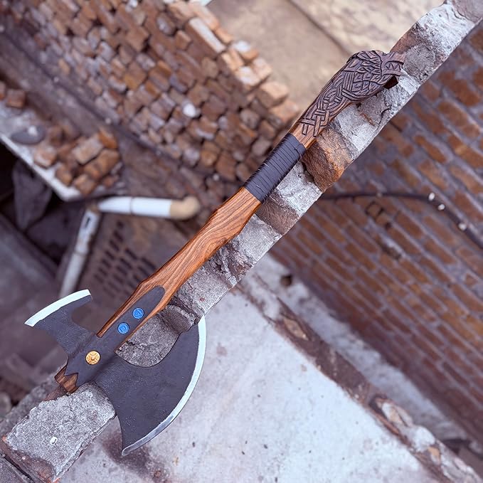 Handmade Viking Kratoss War Replica Battle AxeTwo Handed Large Vikings Axe Cosplay Real Hatchet Solid Fenrir Engraved Wood Handle SkardeNorse Mythology 38