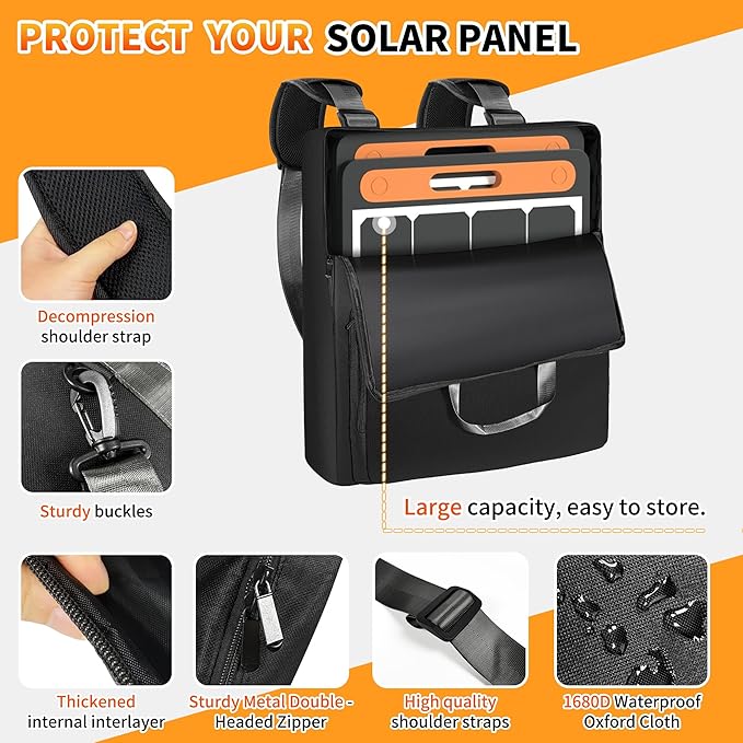 Solar Panel Carrying Case - Waterproof Padded Bag for 100W-220W Foldable Panels Compatible with Jackery/Renogy/ZOUPW Multi-Compartment Organizer with Handle &amp Strap for Camping/RV/Off-Grid