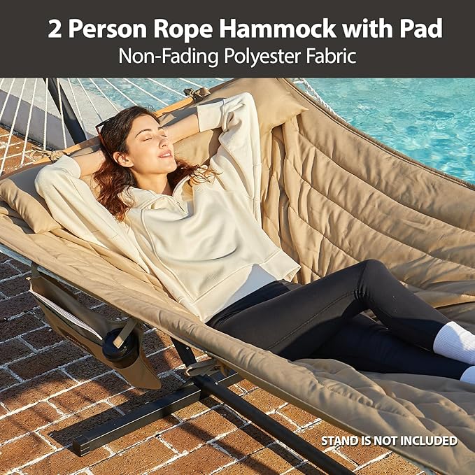 CHULIM Outdoor Double Hammock with Hardwood Spreader Bars Large Rope Hammock with Polyester Pad and Pillow 475 LBS Capacity for 2 Person Patio Backyard Poolside - Tan