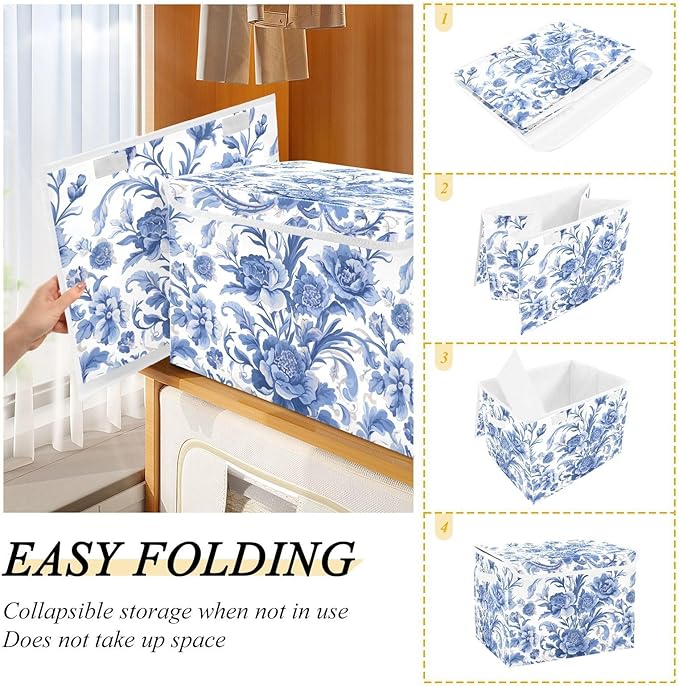 Flower Blue Lidded Storage Bins with Handles - 16.5x12.6x11.8 Foldable Organizing Box Oxford Fabric &amp Honeycomb Board Dust-Proof Flip Lid for Closet/Office