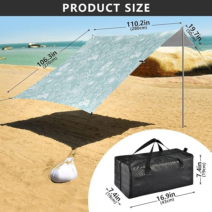 Easter Pattern Beach Canopy Sun Shelter with Sandbags &amp Sand Shovel &amp Windproof Ropes - Portable 110x126 Beach Shade Beach Tent for Camping Picnics