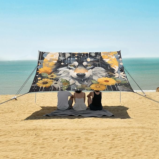 ALAZA Wolf Daisy Beach Tent Sun Shelter UPF50+ Protection Beach Shade Canopy w/ 4 Sandbags for Outdoor Camping Fishing Backyard Fun Picnic 10x9 ft