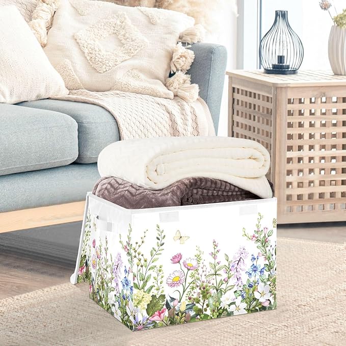 senya Spring Storage Baskets Collapsible Storage Bins with Lids Spring Wild Flowers Butterfly Storage Boxes Clothes Baskets for Organizing