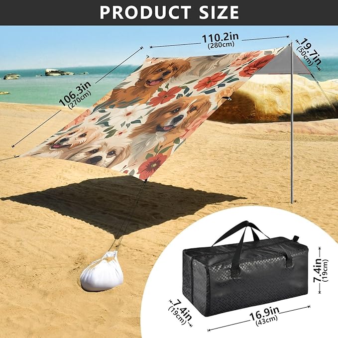 ALAZA Dog Puppy Flowers Beach Tent Sun Shelter UPF50+ Protection Beach Shade Canopy w/ 4 Sandbags for Outdoor Camping Fishing Backyard Fun Picnic 10x9 ft